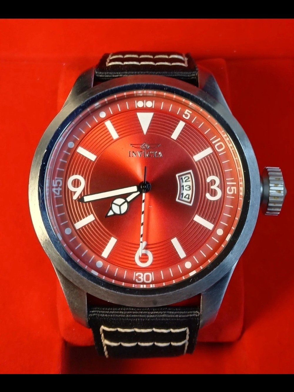 Invicta Aviator Mens Watch 50mm Red Dial Date Stainless Case Black Canvas Strap
